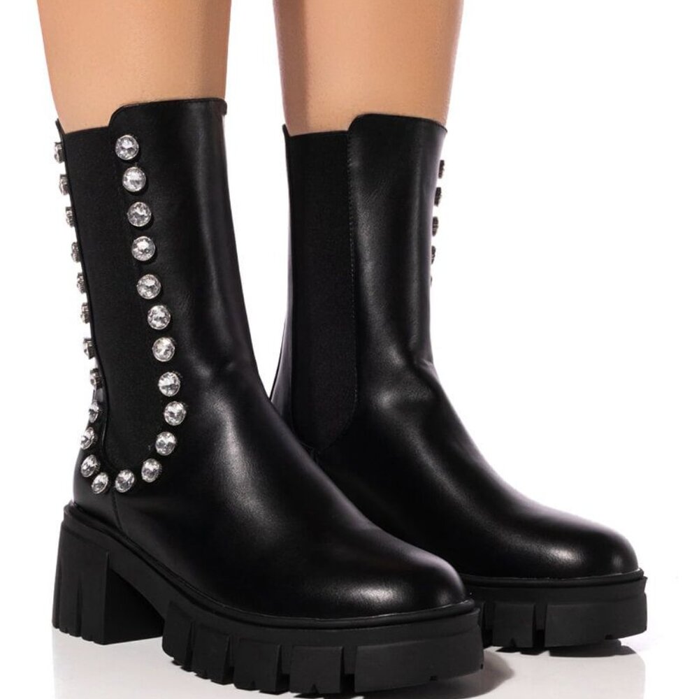 Miz Rhinestone Flat Platform Chelsea Black Pull On Boot 8.5 - Picture 2 of 5